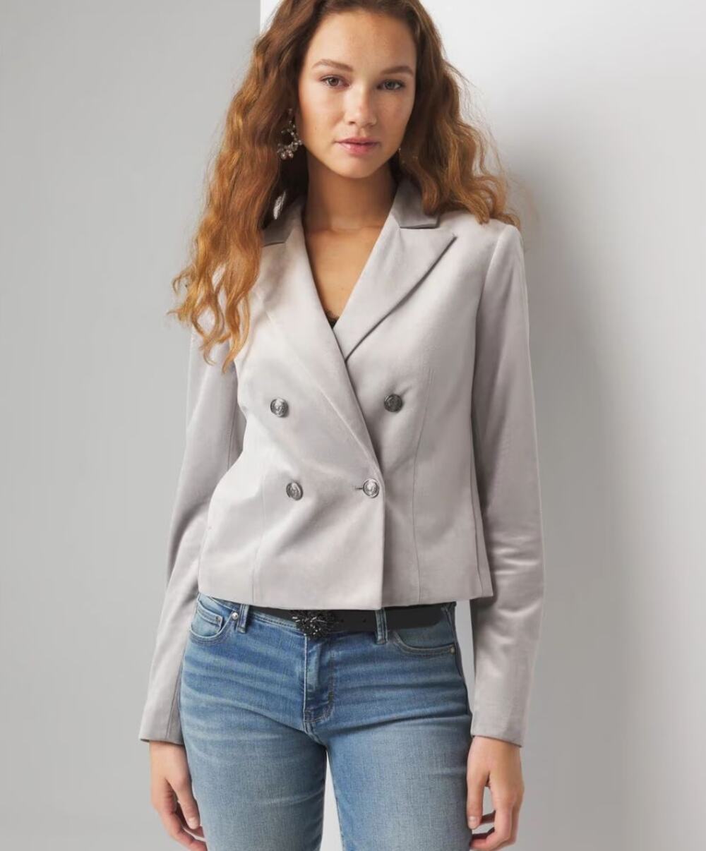NEW WHITE HOUSE BLACK MARKET Cropped Velvet Blazer Size 4 Gray Double-Breasted